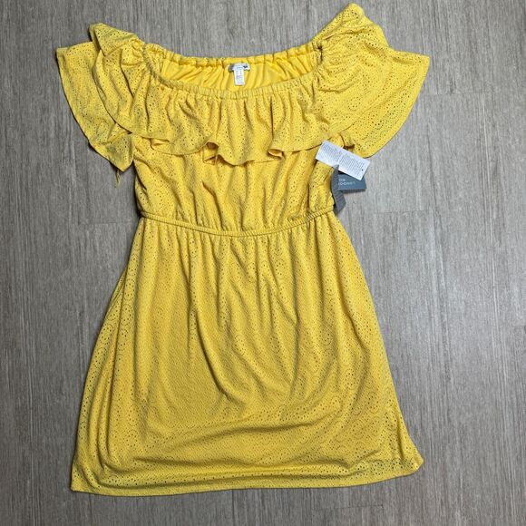 London Times Dresses & Skirts - London Times Womens Yellow Crochet Knit Dress NEW 1X Lined Boat Neck Midi Ruffle